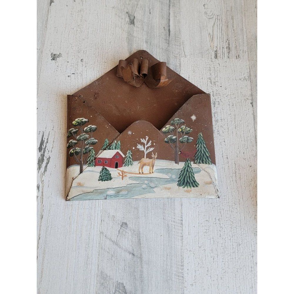 Rustic metal letter holder snow scene deer Xmas barn hanging